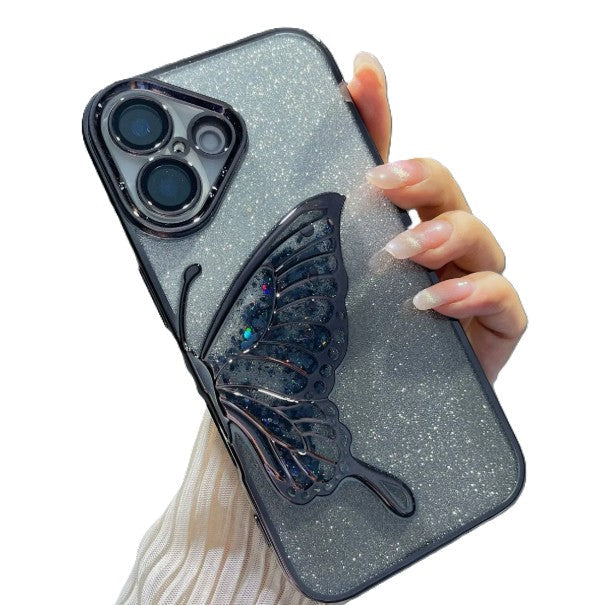 Glitter Butterfly Sandy Case for Apple iPhone 16 - Black
