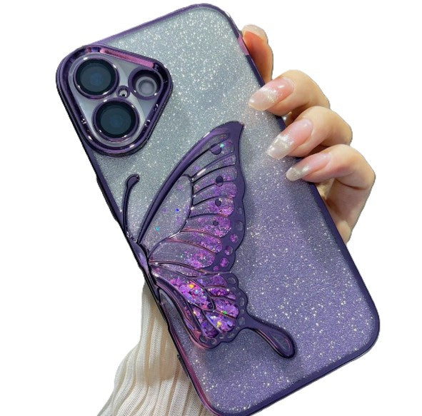Glitter Butterfly Sandy Case for Apple iPhone 16 - Purple