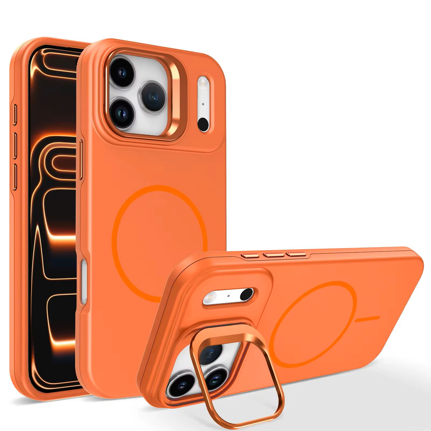 MaxGuard Shockproof Armor with Camera Metal Bracket Holder MagSafe Case for Apple iPhone 17 Pro Max - Orange