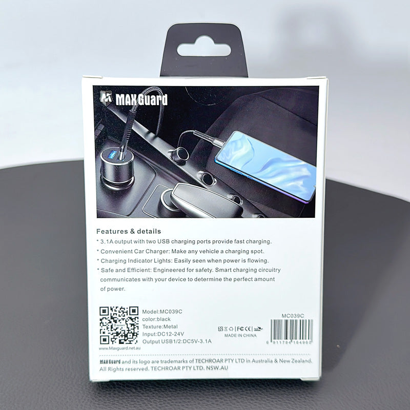 Maxguard 3.1A 2-USB Car Charger with USB-A to C Combo : MC039C