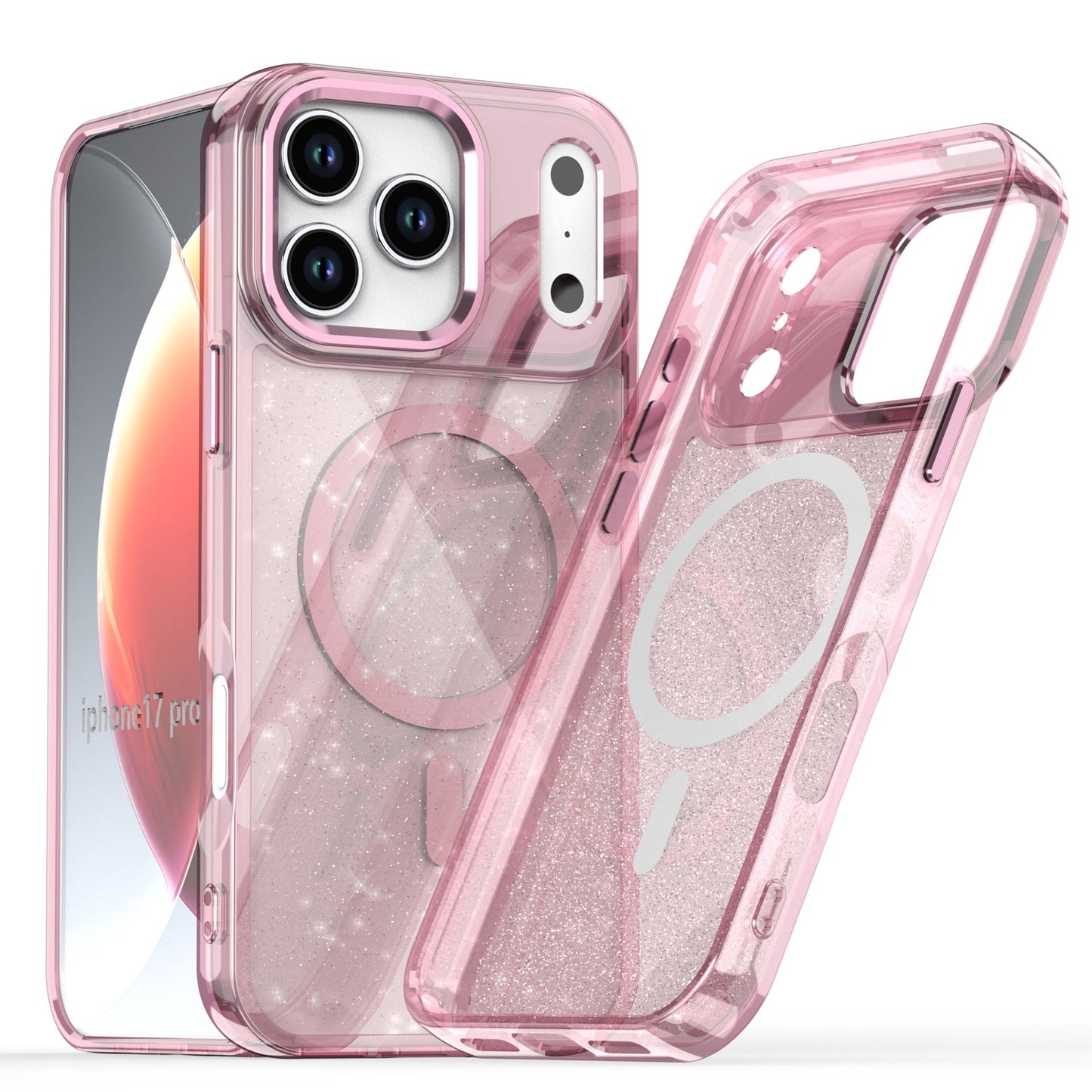 Glitter Shockproof Crystal MagSafe Case for Apple iPhone 17 Pro - Clear Peach / Pink