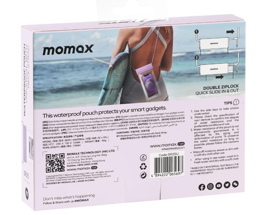 MOMAX WaterProof Pouch with Neck Strap - Purple