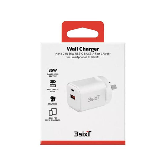 3SIXT Wall Charger GaN 35W USB-C PD + QC27W USB-A, for Smartphones & Tablets