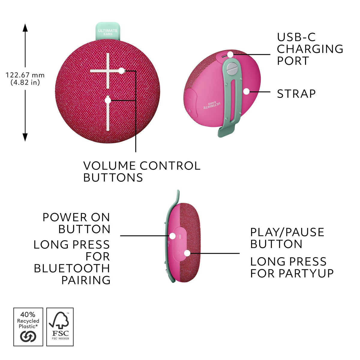 Ultimate Ears MINIROLL Portable Bluetooth Speaker - Pink (Australia Stock)