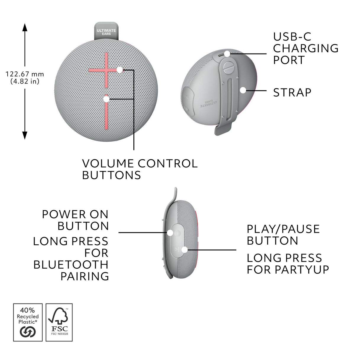 Ultimate Ears MINIROLL Portable Bluetooth Speaker - Grey (AU Stock)