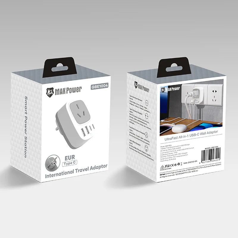 MaxPower EUR All-in-1 Travel Adaptor with Type C / USB-A [GBE1004]