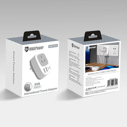 MaxPower EUR All-in-1 Travel Adaptor with Type C / USB-A [GBE1004]