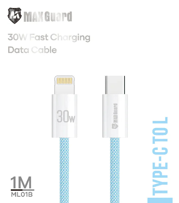 MaxGuard PD30W Charge & Sync Cable for Type C to Lightning 1M [ML01BLU] - Blue