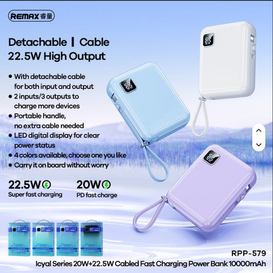 REMAX RPP-579 22.5W Power Bank [10K mAh] [1 Port + Lightning & USB C Cables] - BLACK