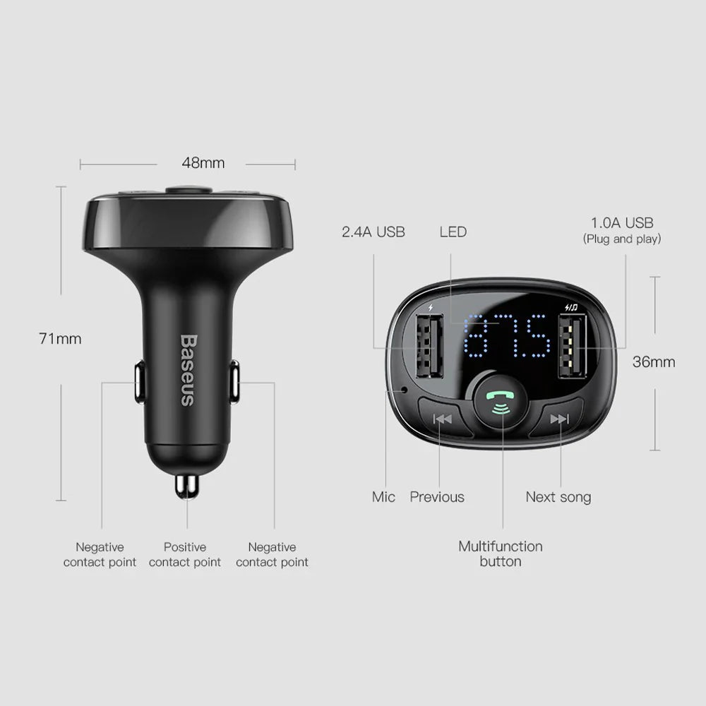 BASEUS T Typed S-09A Bluetooth MP3 Car Charger (Standard edition) - Black