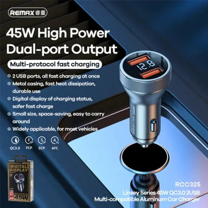 REMAX [RCC325] 45w High Power 2 USB Output Fast Car Charger with Digital Display