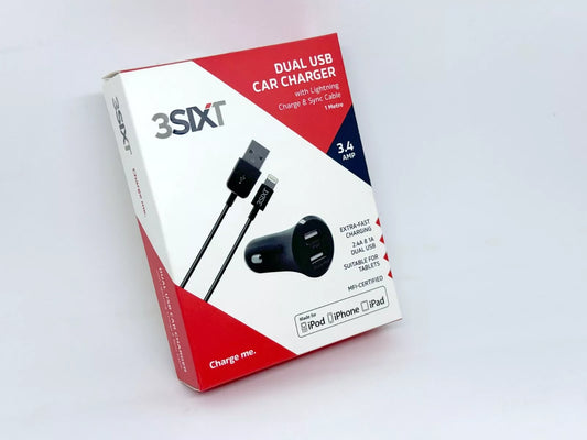 3SIXT - DUAL USB A Car Charger w/ Lightning cable 3.4AMP 3S-0240